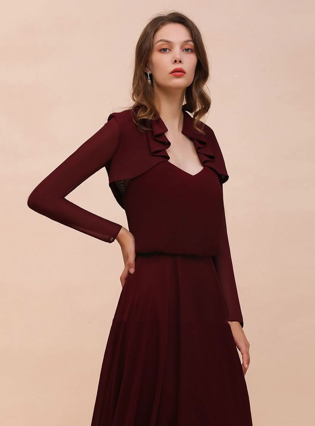 Burgundy Chiffon Ruffle Wraps with Long Sleeves BMbride