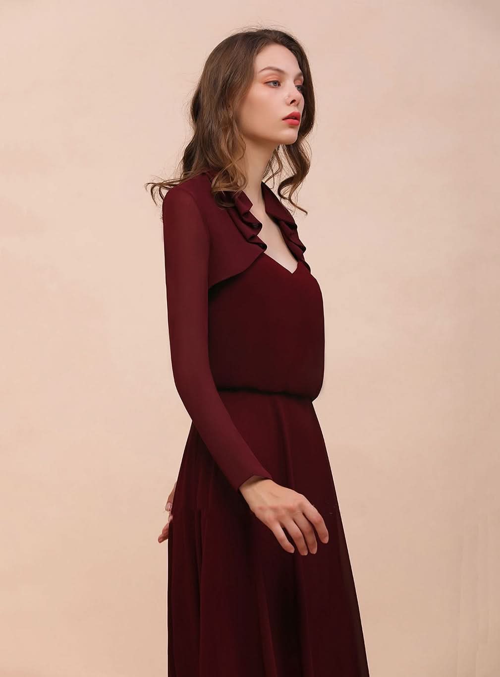 Burgundy Chiffon Ruffle Wraps with Long Sleeves BMbride