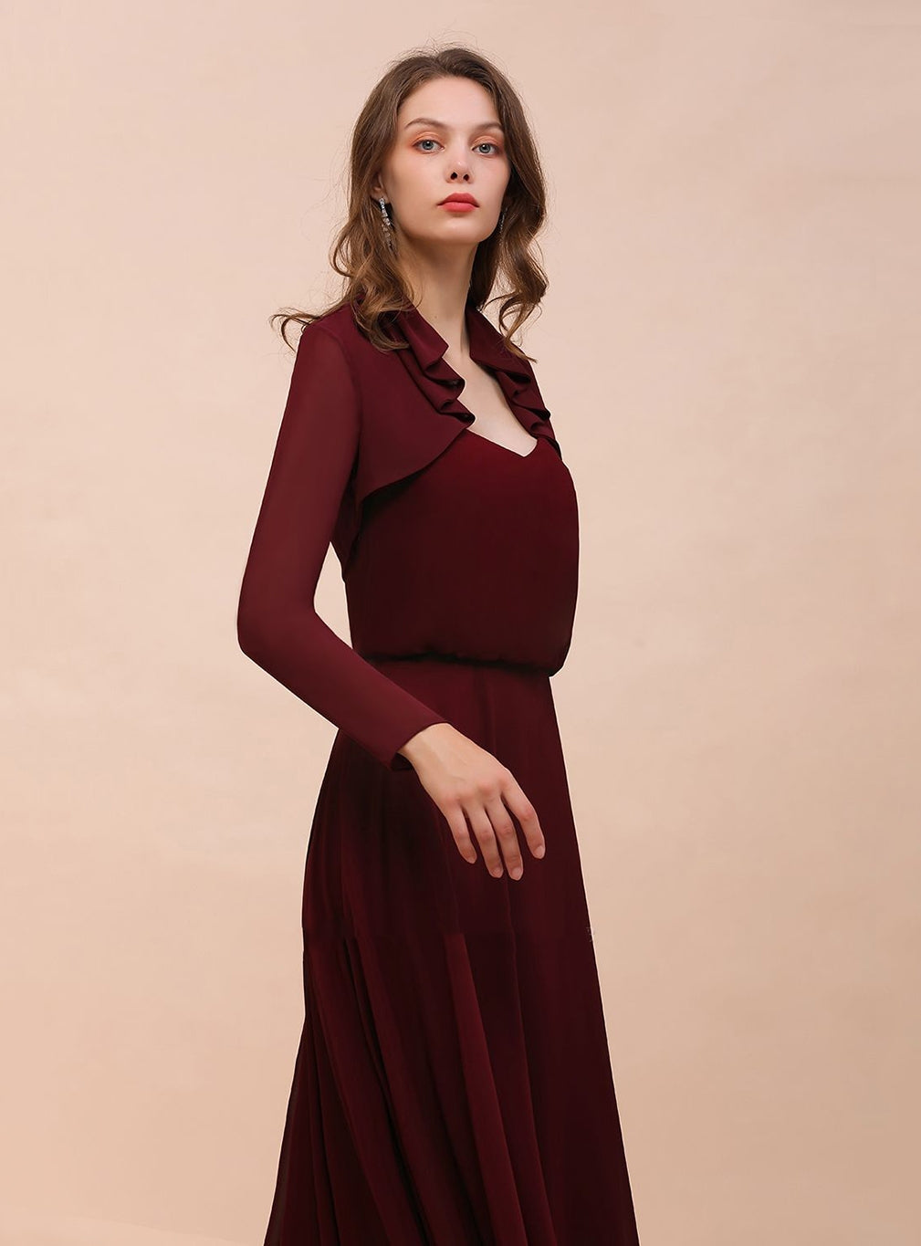 Burgundy Chiffon Ruffle Wraps with Long Sleeves BMbride