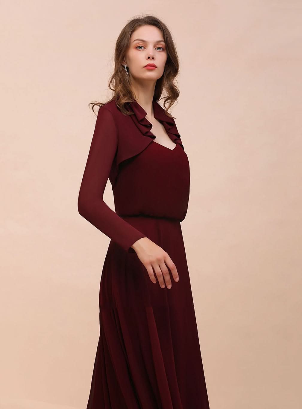 Burgundy Chiffon Ruffle Wraps with Long Sleeves BMbride