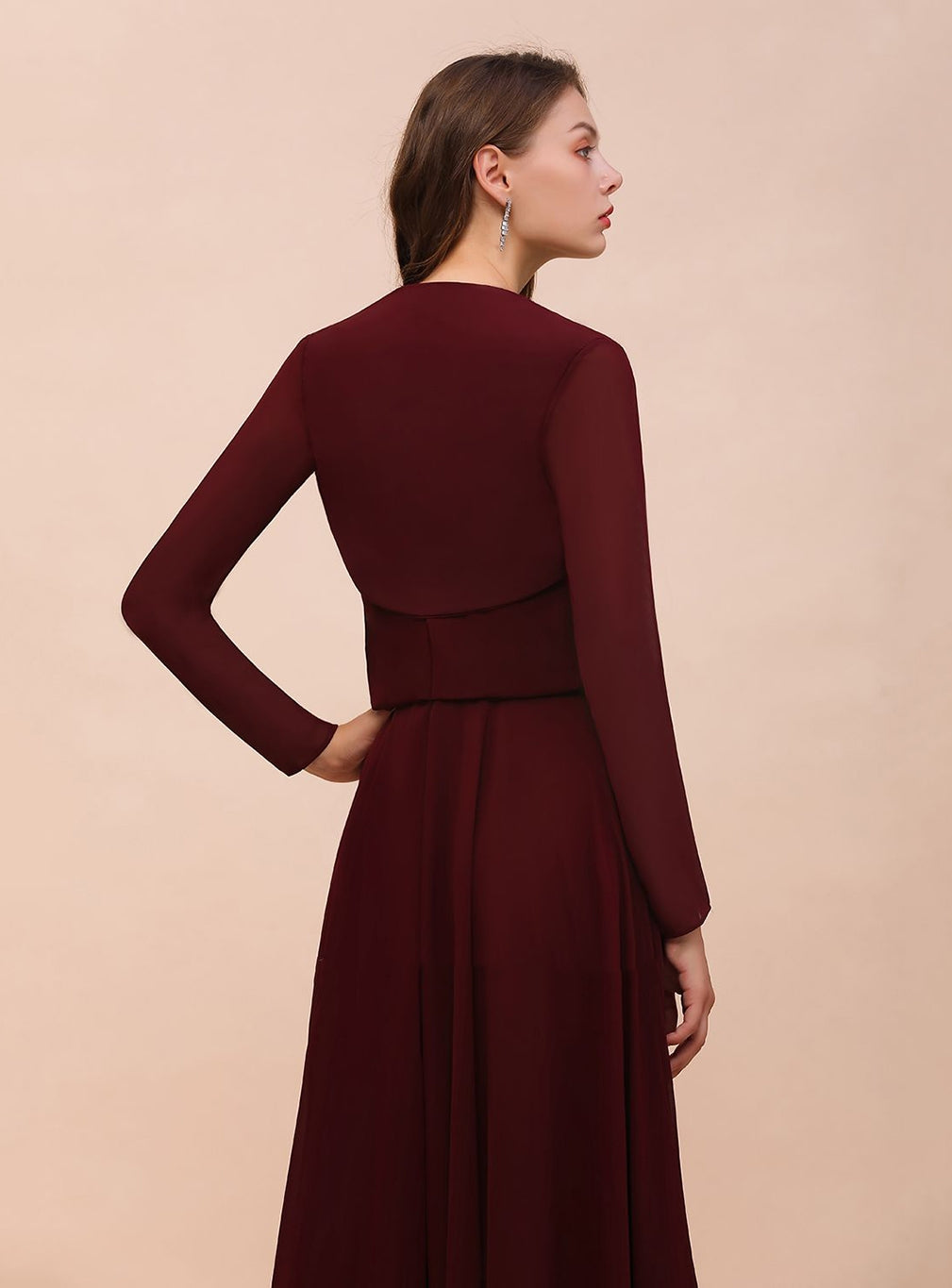 Burgundy Chiffon Ruffle Wraps with Long Sleeves BMbride