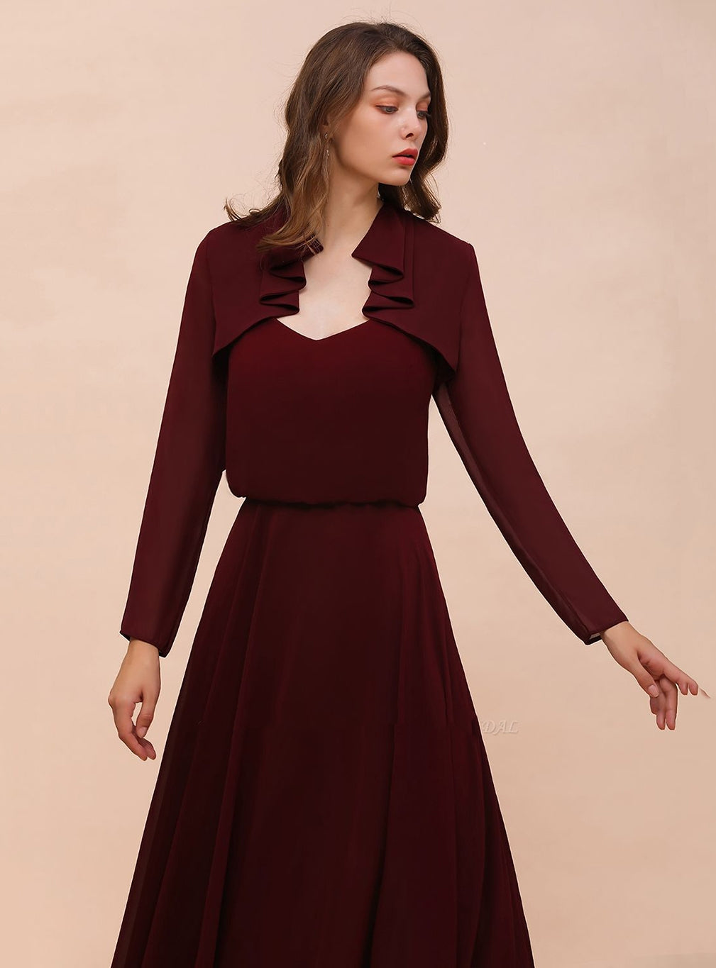 Burgundy Chiffon Ruffle Wraps with Long Sleeves BMbride