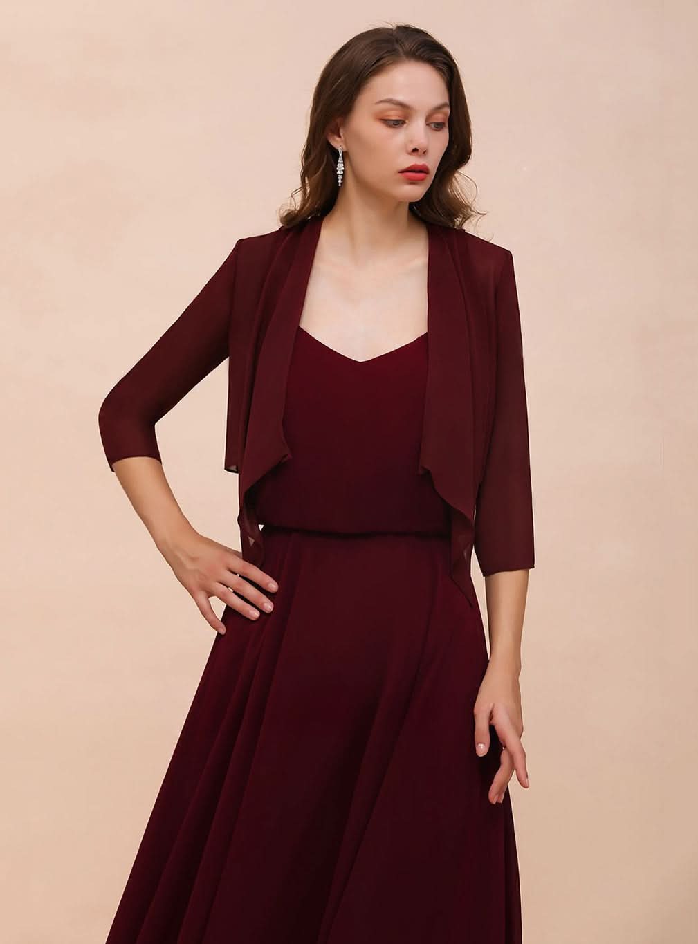 Burgundy Chiffon Special Occasion Wraps with Half Sleeves BMbride