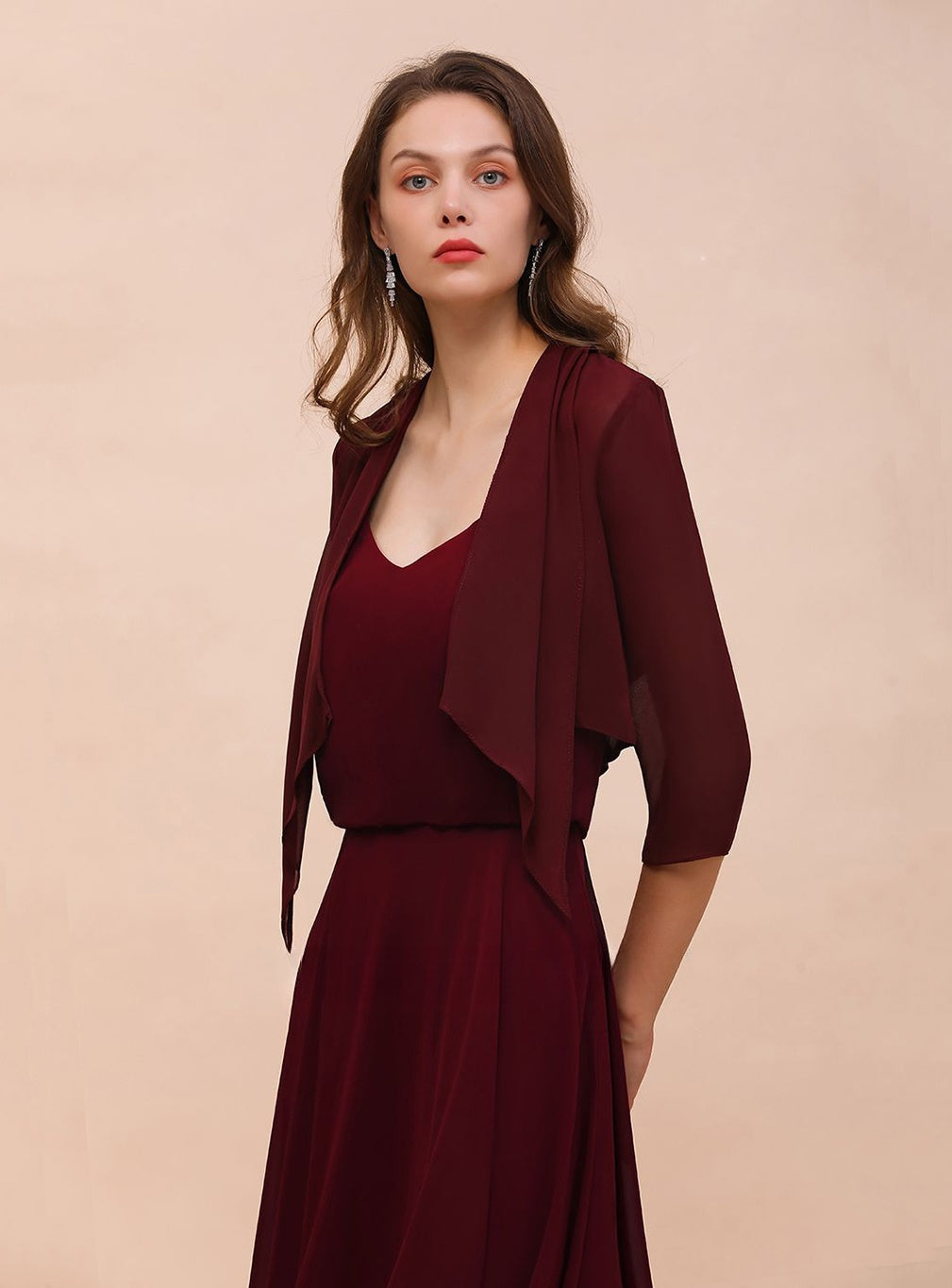 Burgundy Chiffon Special Occasion Wraps with Half Sleeves BMbride
