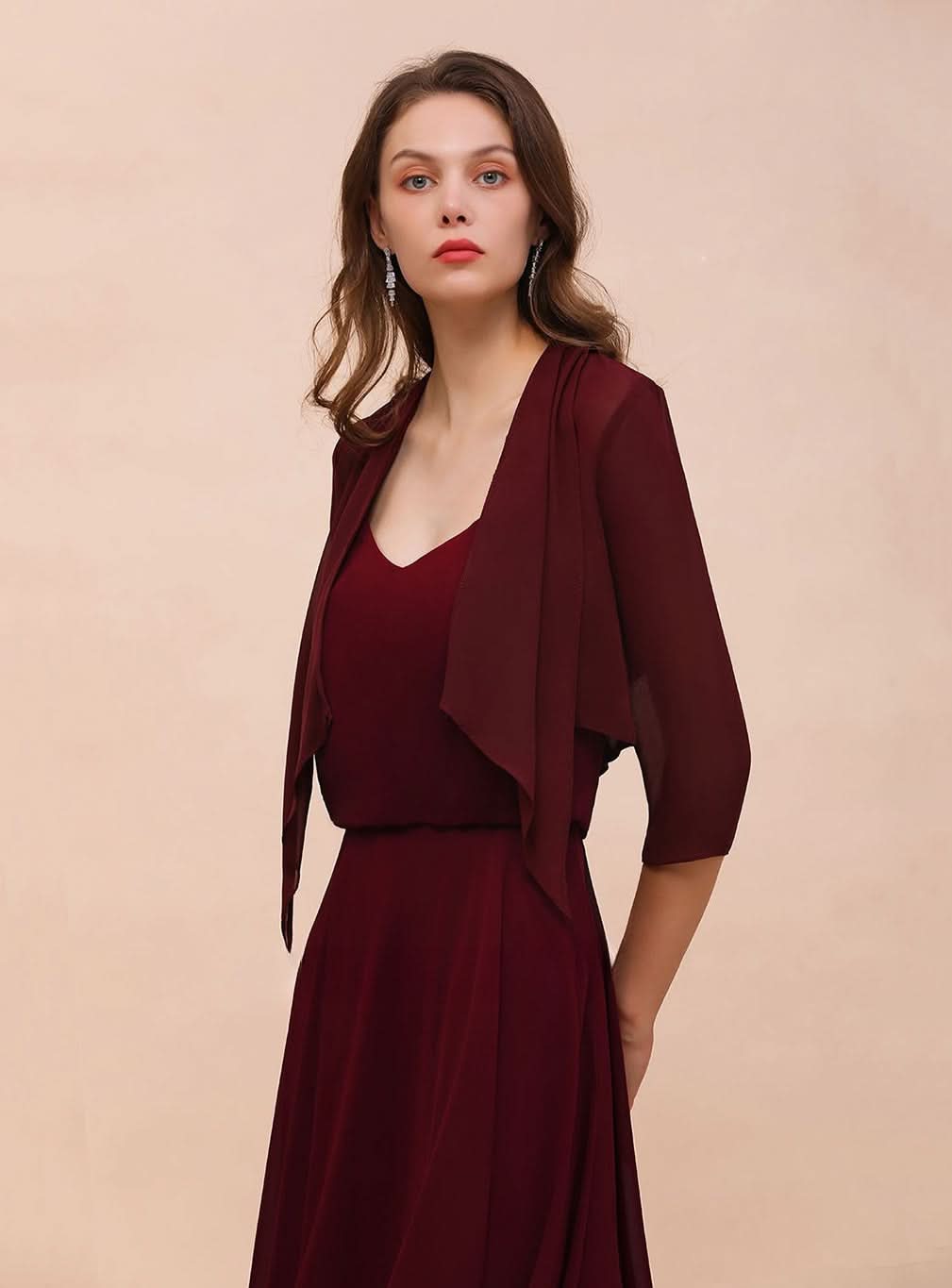 Burgundy Chiffon Special Occasion Wraps with Half Sleeves BMbride