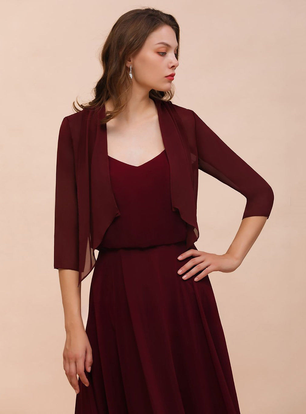 Burgundy Chiffon Special Occasion Wraps with Half Sleeves BMbride