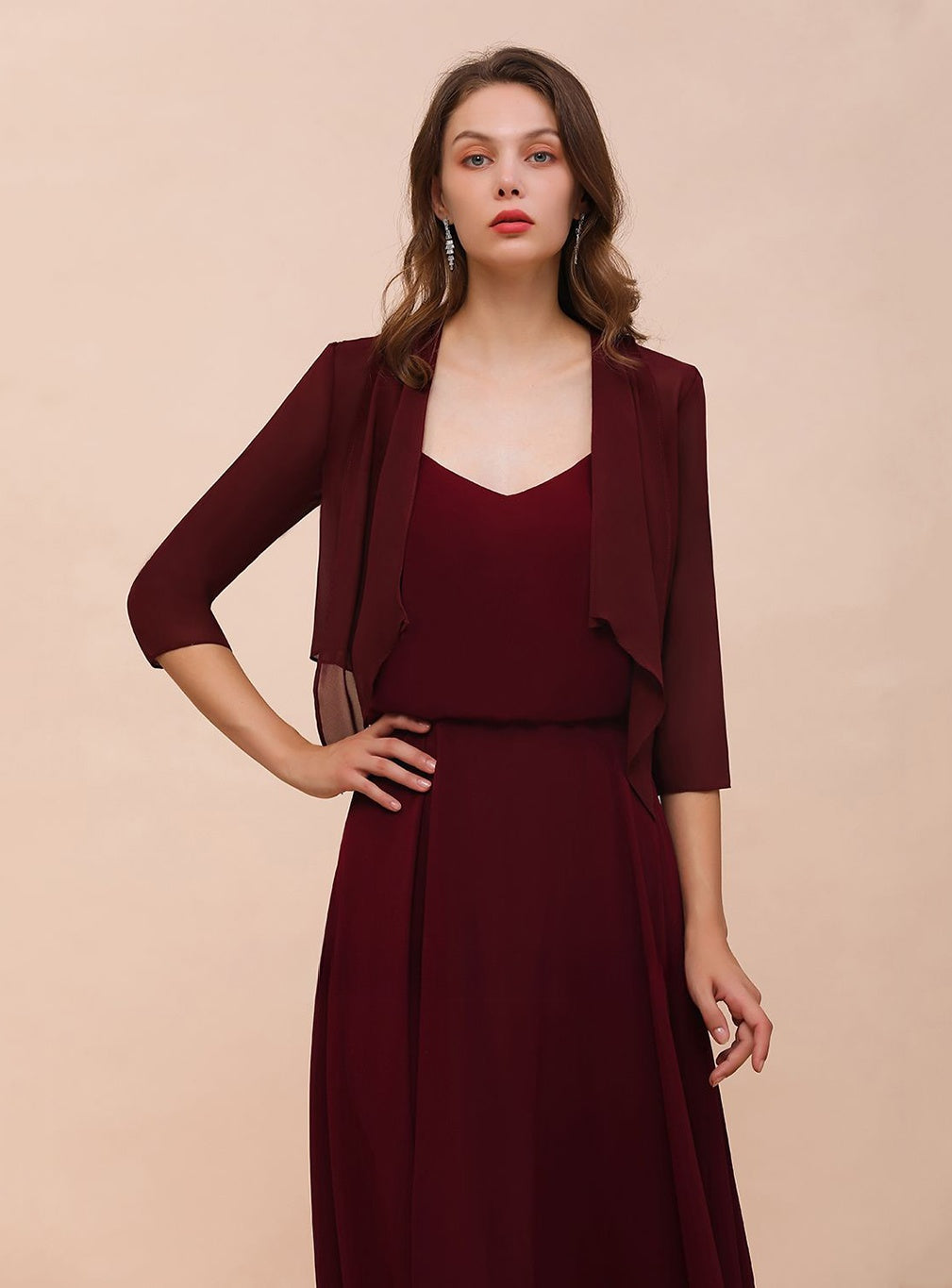 Burgundy Chiffon Special Occasion Wraps with Half Sleeves BMbride