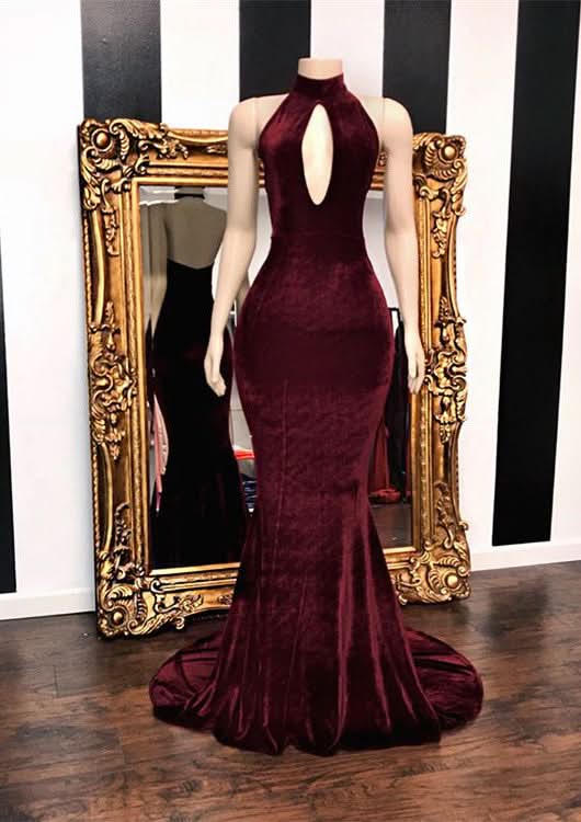 BMbride Burgundy Velvet Mermaid Long Evening Gowns BMbride