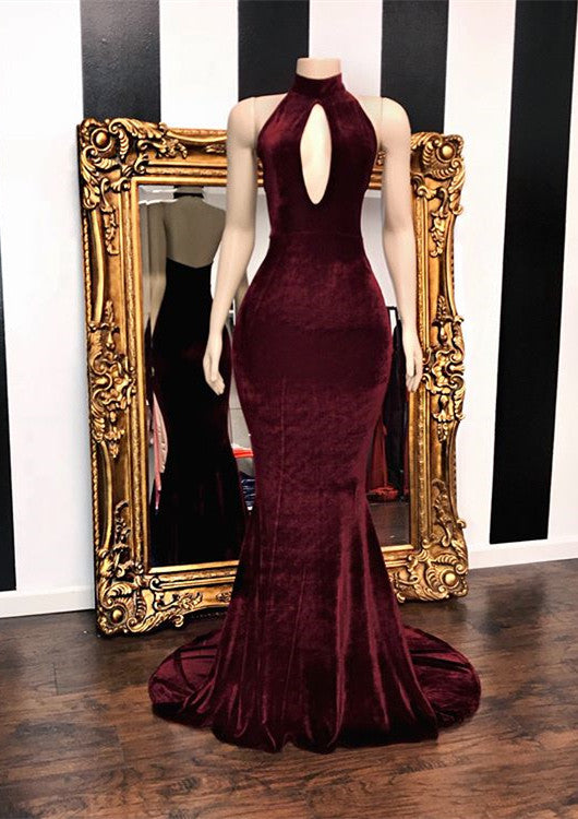 BMbride Burgundy Velvet Mermaid Long Evening Gowns BMbride