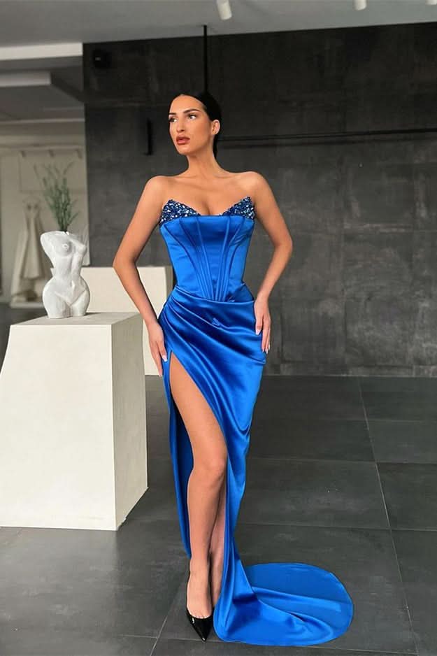 Royal Blue Mermaid Prom Dress with Sequins Split BM bride