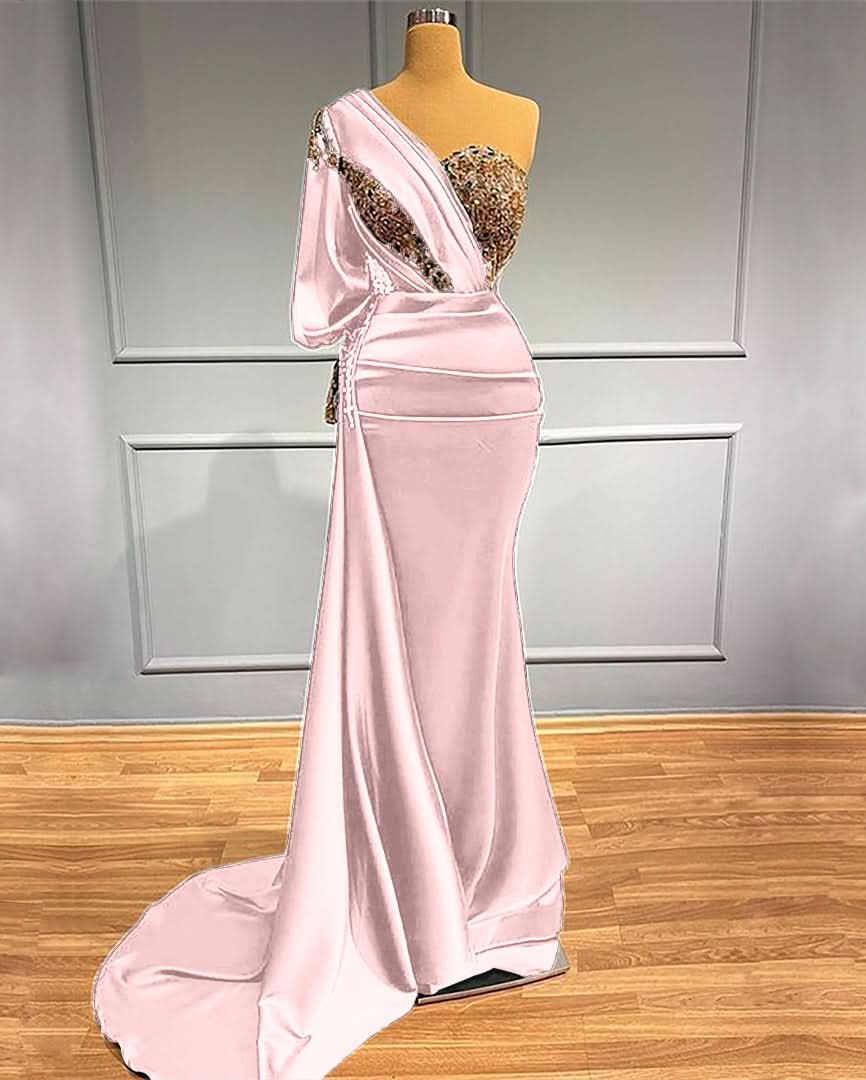Dark Green One-Shoulder Beaded Mermaid Prom Dress with Appliques BM bride