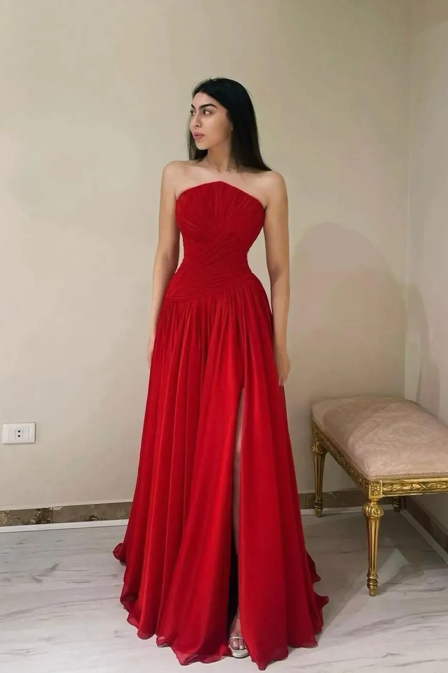 Strapless Sleeveless Long Prom Dress With High Split Ruffles
