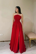 Strapless Sleeveless Long Prom Dress With High Split Ruffles