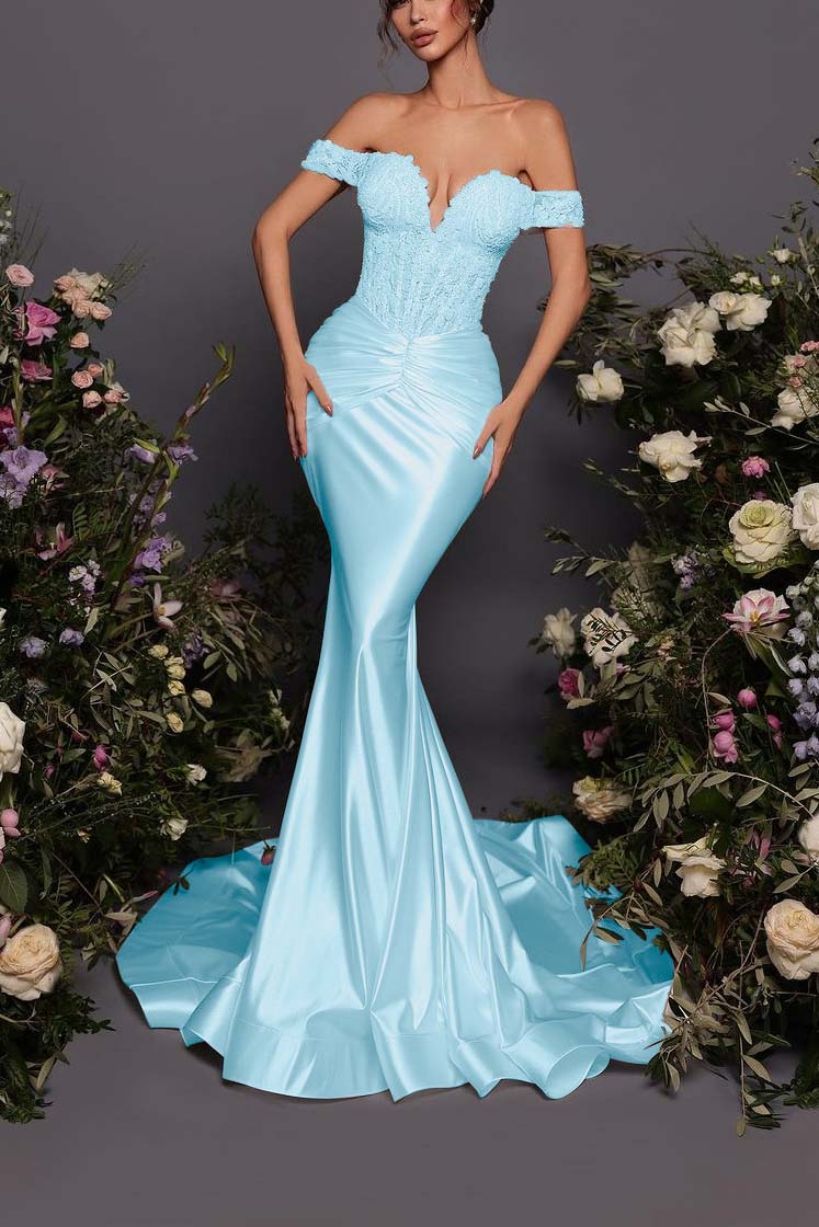 Off The Shoulder Sleeveless Long Mermaid Prom Dress With Pleated BMBRIDE