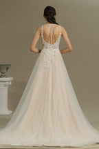 Floral Applique A-Line Wedding Dress with Side Split and Backless Design BM bride