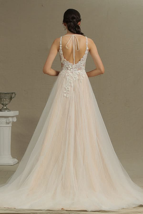 Floral Applique A-Line Wedding Dress with Side Split and Backless Design BM bride