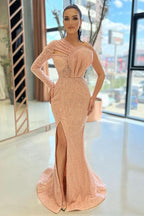 One Shoulder Long Sleeve Sequined Mermaid Prom Dress with Split BM bride