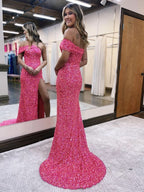 Dazzling Glitter Mermaid One Shoulder Pink Long Prom Dress with Slit BM bride