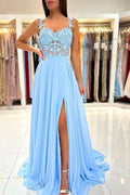 Baby Blue Sweetheart A-Line Lace Long Prom Dress with Slit BM bride
