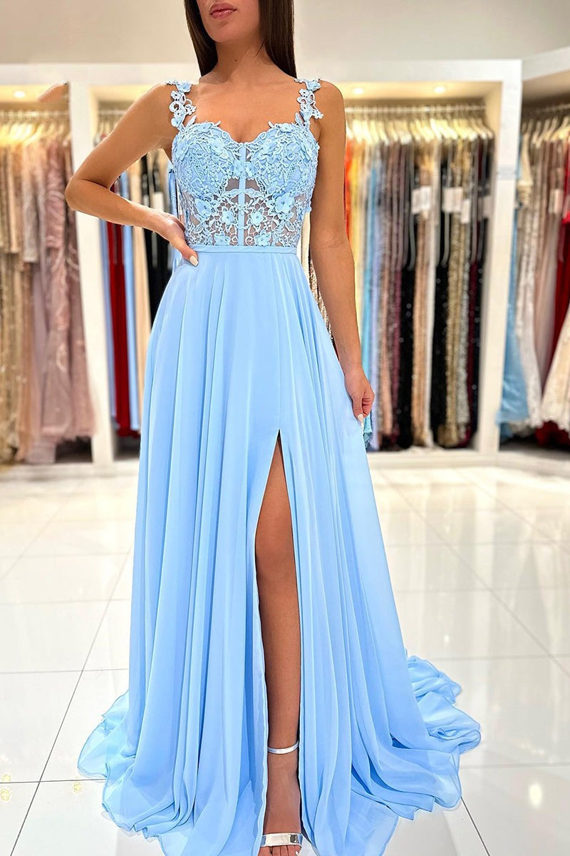 Baby Blue Sweetheart A-Line Lace Long Prom Dress with Slit BM bride