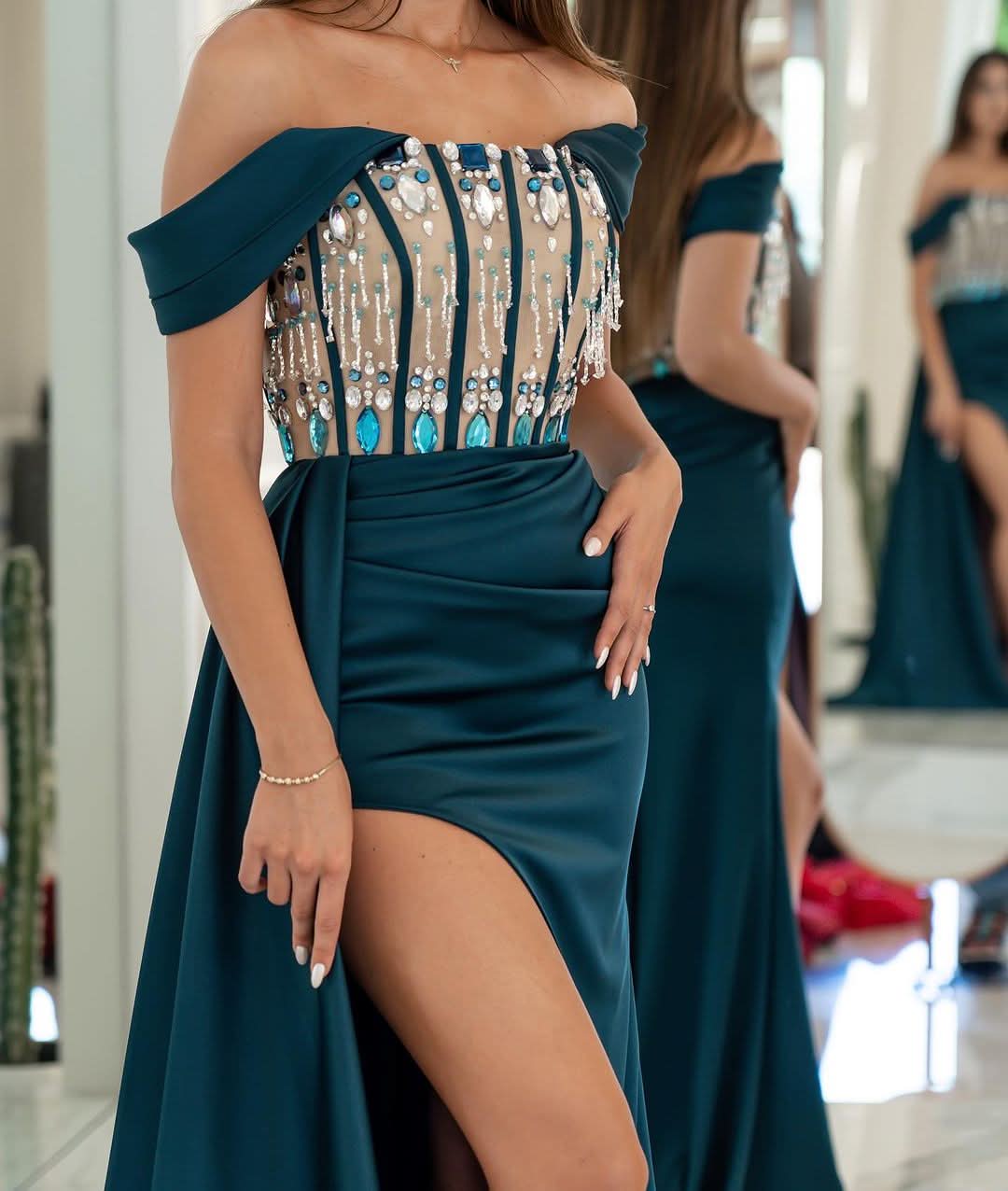 Strapless Sleeveless Prom Dress with Rhinestone and Long Side Slit Trail BM bride