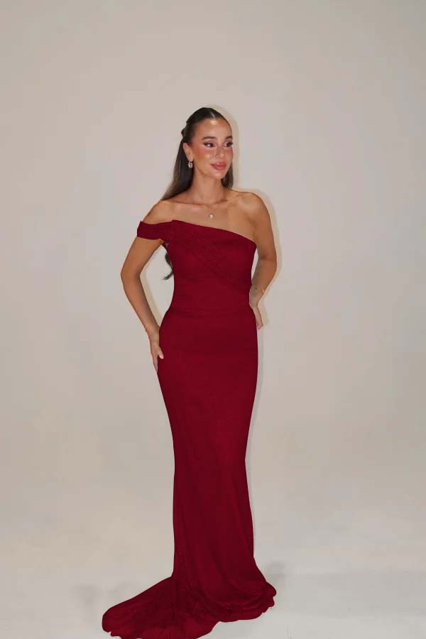 Sequins One Shoulder Sleeveless Long Mermaid Prom Dress With Pleated BMBRIDE