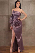 Elegant Off the Shoulder Sleeveless Pleated Long Split Prom Dress with Embroidery