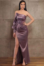 Elegant Off the Shoulder Sleeveless Pleated Long Split Prom Dress with Embroidery