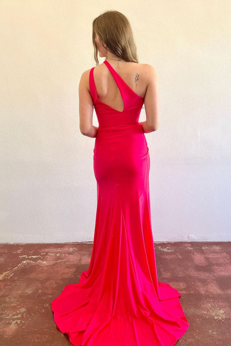 Chic Simple Mermaid Red Satin One Shoulder Long Prom Dress with Slit BM bride