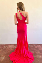Chic Simple Mermaid Red Satin One Shoulder Long Prom Dress with Slit BM bride