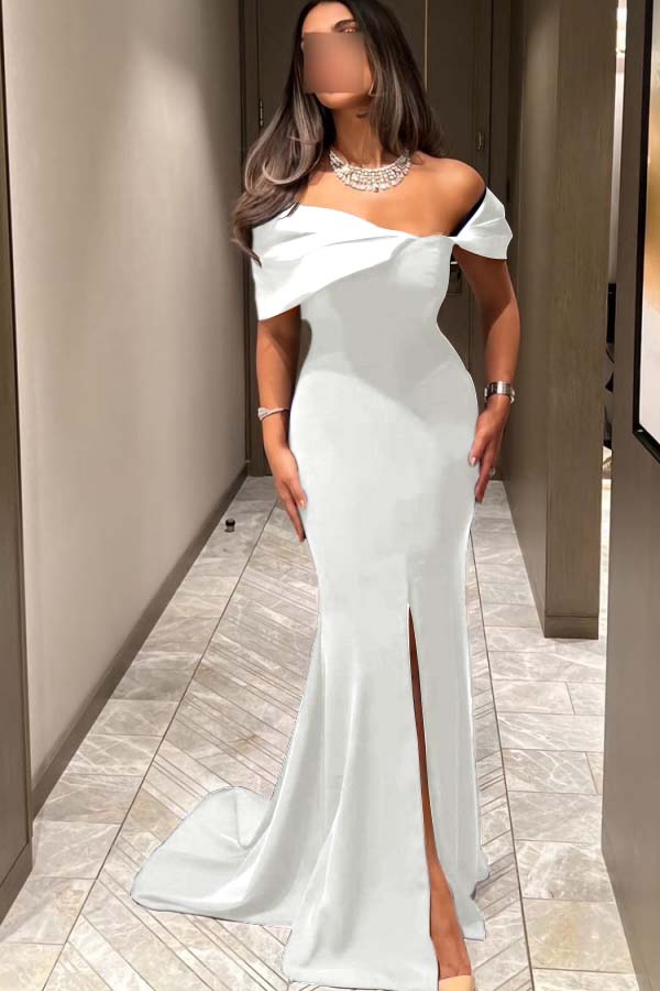 Off the Shoulder Sleeveless Long Mermaid Prom Dress With Pleated BMBRIDE