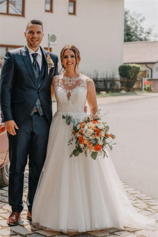 Bateau Neck Sleeveless A-Line Tulle Wedding Dress with Lace BM bride