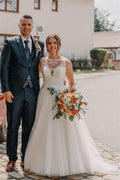 Bateau Neck Sleeveless A-Line Tulle Wedding Dress with Lace BM bride
