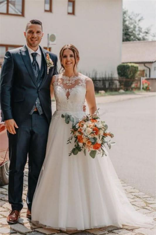 Bateau Neck Sleeveless A-Line Tulle Wedding Dress with Lace BM bride