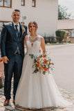Bateau Neck Sleeveless A-Line Tulle Wedding Dress with Lace BM bride
