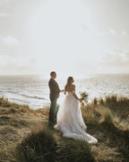 Vintage A-Line Off-the-Shoulder Backless Floor-Length Wedding Dress with Lace Tulle Appliques BM bride
