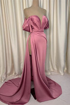 Elegant Pink Charmeuse V Neck Pleated Slit Evening Dress BM bride