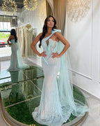 Elegant and Charming Mesh Sequins Prom Dress One Shoulder Mermaid Sleeveless Sexy Gown BM bride