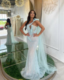 Elegant and Charming Mesh Sequins Prom Dress One Shoulder Mermaid Sleeveless Sexy Gown BM bride