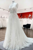 Elegant V-Neck Long A-Line Lace Wedding Dress with Tulle and Spaghetti Straps BM bride