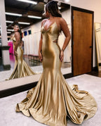 Glamorous Golden Sleeveless V-Neck Backless Mermaid Prom Dress BM bride