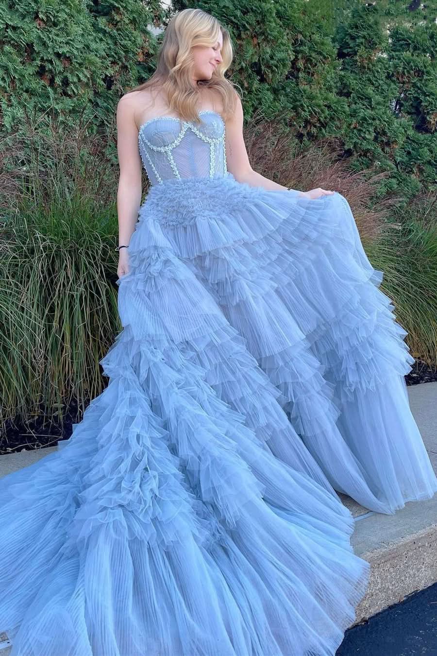 Charming Princess A-Line Strapless Tiered Tulle Prom Dress BM bride