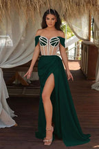 Champagne Off-The-Shoulder Mermaid Prom Dress with Beadings Split Ruffles BM bride