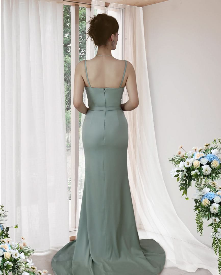 Seafoam Green Spaghetti-Strap Prom Dress with Pleated Slit BM bride