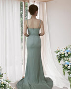 Seafoam Green Spaghetti-Strap Prom Dress with Pleated Slit BM bride