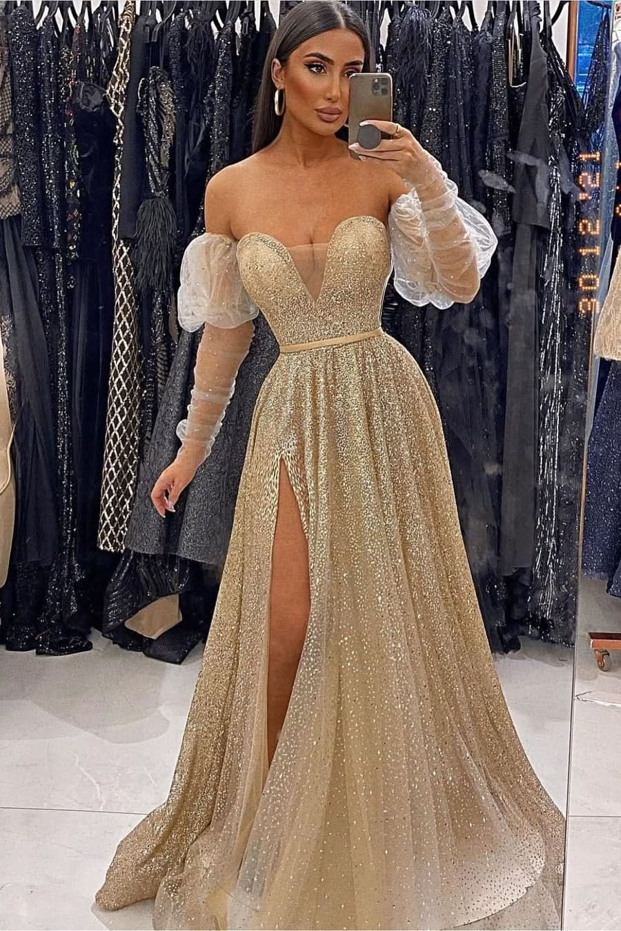 Champagne V-Neck Sequins Evening Prom Dress with Front Split and Long Sleeves BM bride