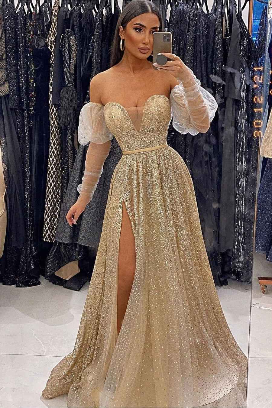 Long Sleeves Champagne Front Split Long Prom Dress With Sequins