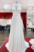 Long Satin A-line Wedding Dress Jewel Open Back With Ruffles Appliques BM bride
