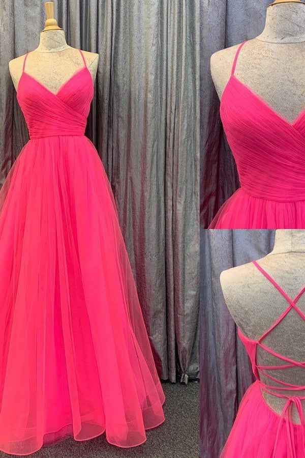 Simple V Neck A Line Spaghetti Strap Pleated Prom Dress Tulle With Open Back