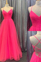 A Line Spaghetti Straps V Neck Sleeveless Prom Dress Tulle Open Back